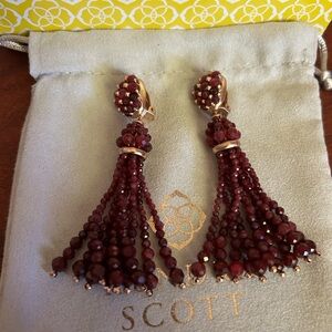 Kendra Scott Gold and Burgundy Red Beaded Clip on Tassel Earrings